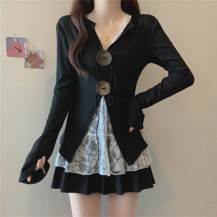 设计感独特别致v领长袖t恤大码女装春秋款胖mm遮肚显瘦打底衫上衣