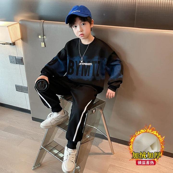 男童运动套装加绒加厚2024新款渐变色冬季一体绒卫衣卫裤两件套潮