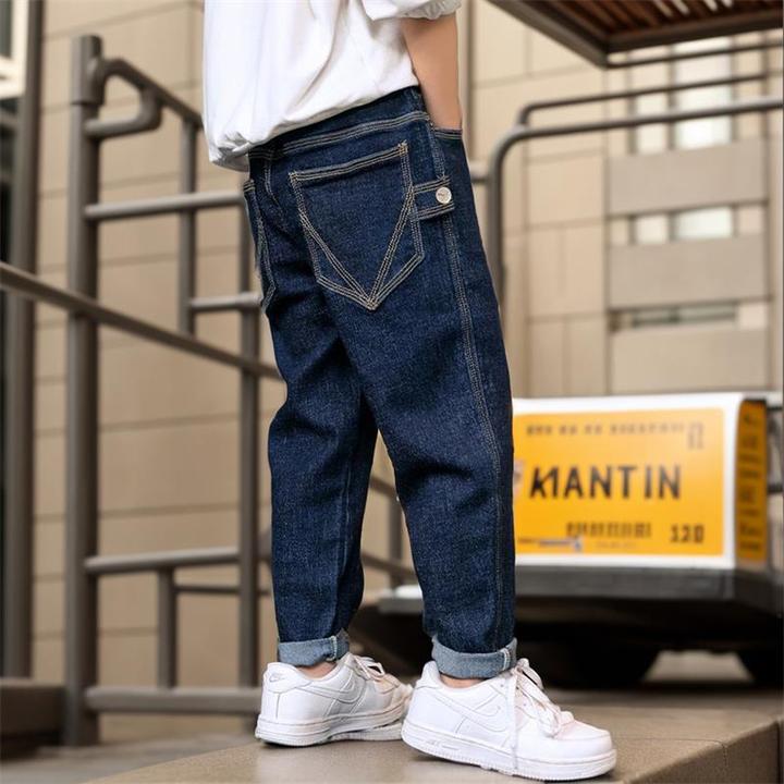 男童深蓝色牛仔裤春秋款2024新款潮酷帅气儿童裤子宽松韩版休闲裤