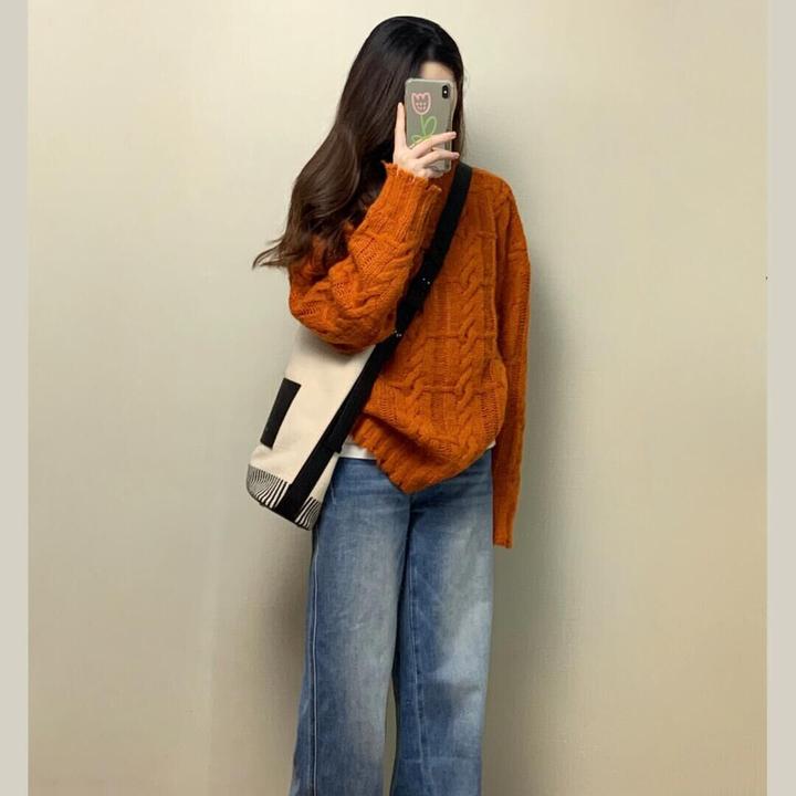 秋冬2024新款设计感针织毛线上衣套装搭配牛仔阔腿长裤一整套显瘦