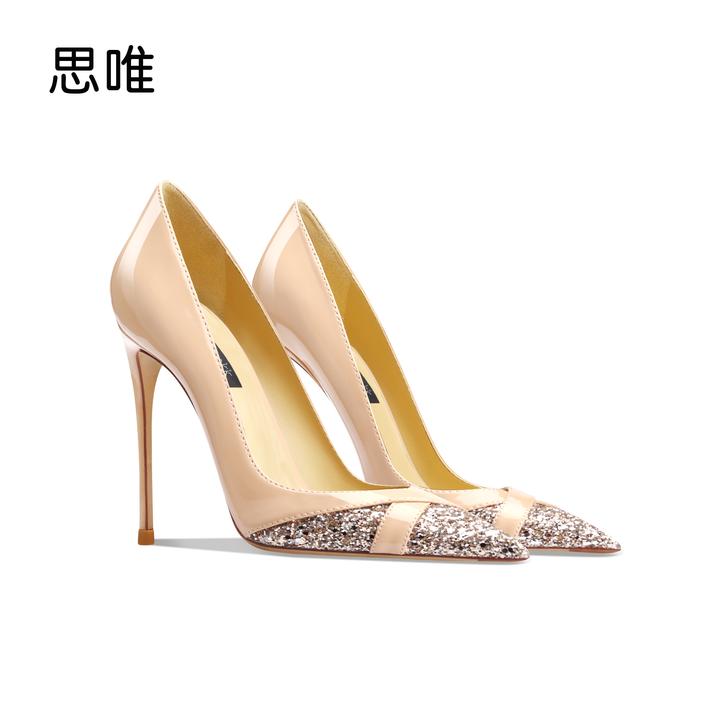 裸色漆皮拼接V口高跟鞋女2025年新款爆款亮片通勤尖头单跟鞋气质