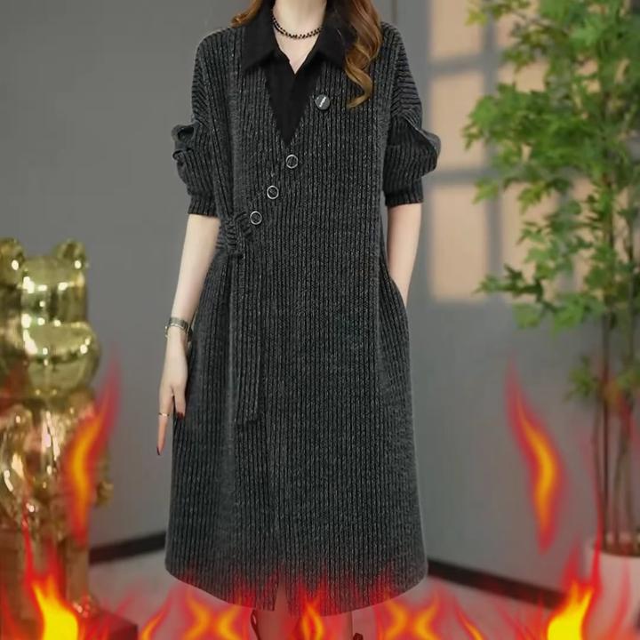 时尚宽松加厚连衣裙女装2024冬新款妈妈洋气收腰百搭假两件裙子