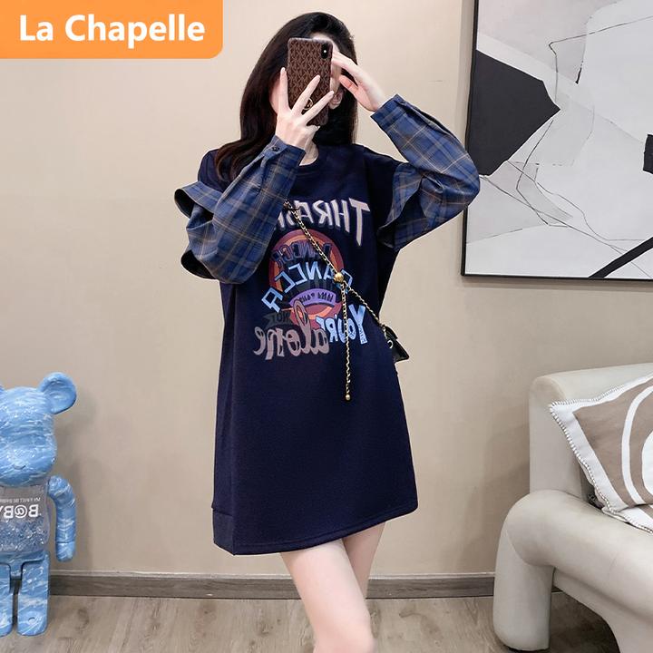 拉夏贝尔欧洲站休闲时尚连衣裙女秋季2024新款减龄字母拼接卫衣裙