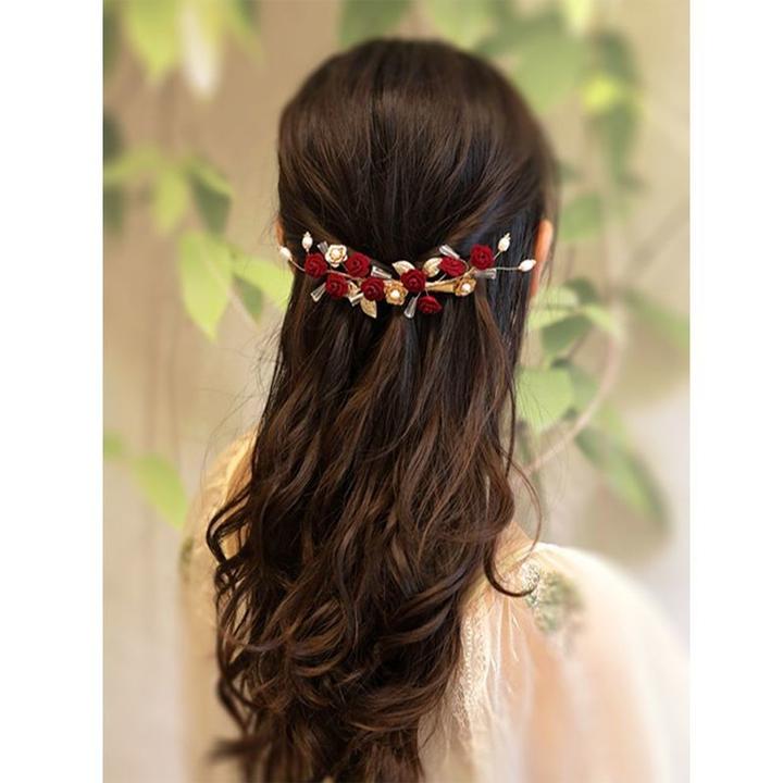 汉服古风发夹侧边红山茶花盘发软簪丸子头旗袍发饰后脑勺女生夹子
