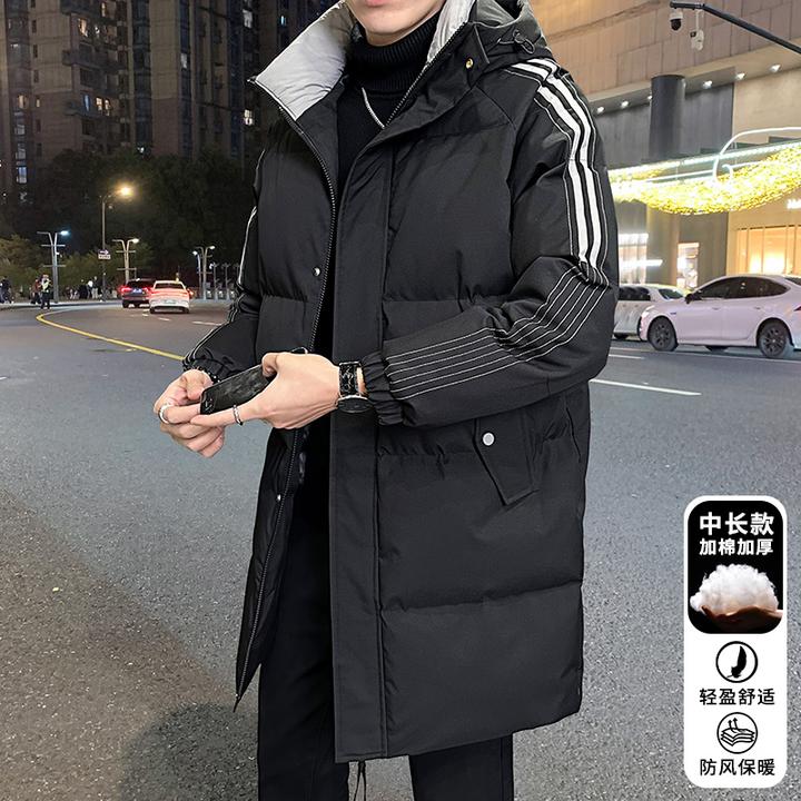 玛斯柏中长款撞色棉服男士外套秋冬季2025新款潮牌加厚连帽棉衣男