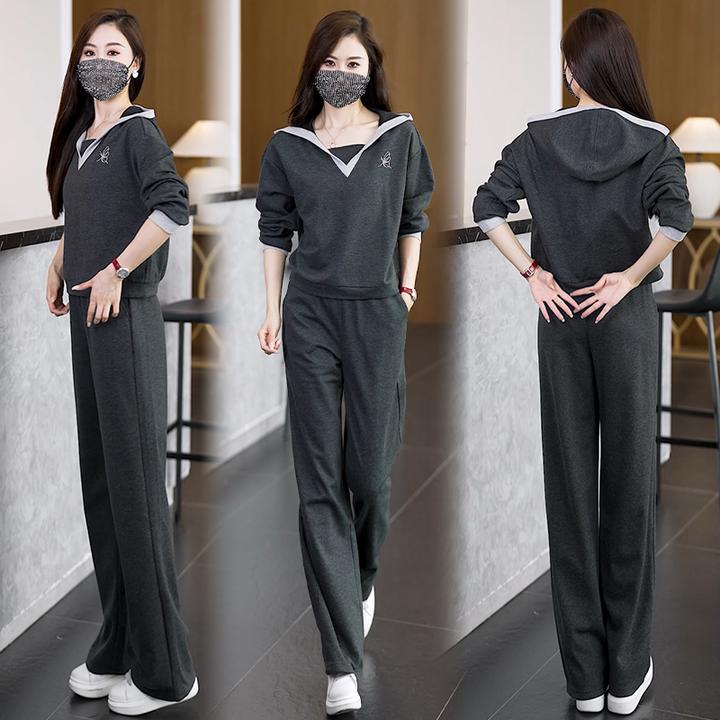 休闲时尚套装2024秋季新款简约显瘦设计感连帽卫衣阔腿裤两件套