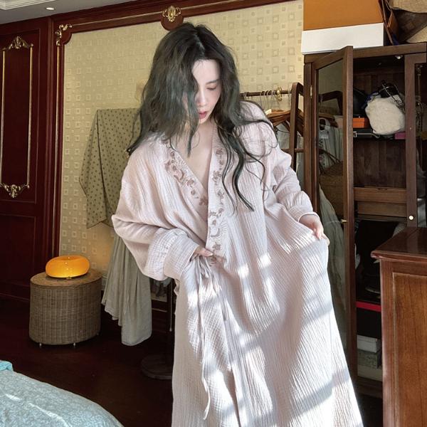 春秋季睡袍晨袍纯棉纱布复古刺绣睡裙透气女薄款家居服睡衣可外穿