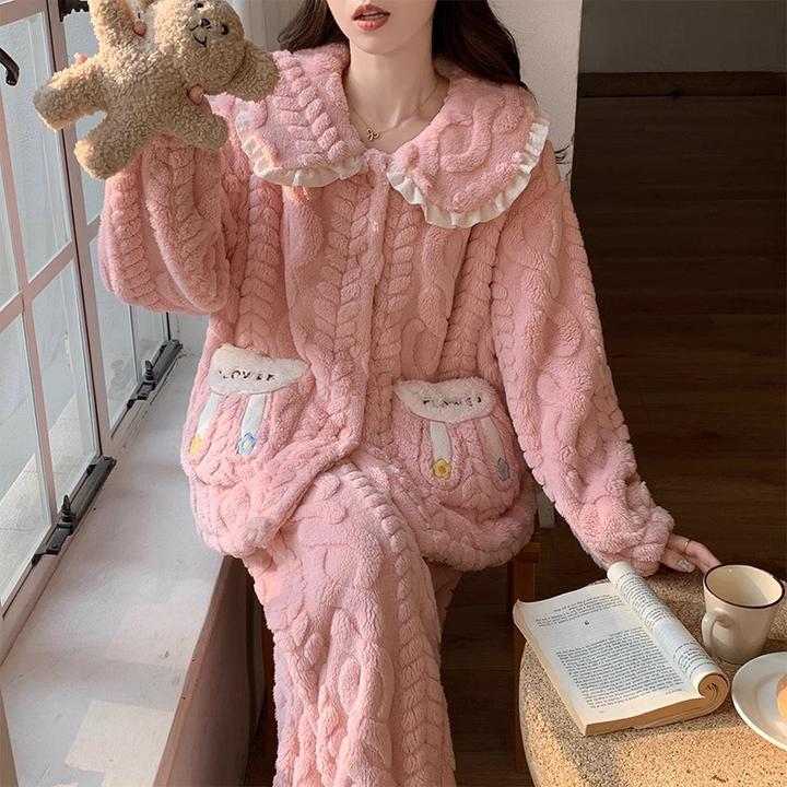 ins风睡衣女秋冬季加绒加厚珊瑚绒甜美可爱公主风保暖家居服套装
