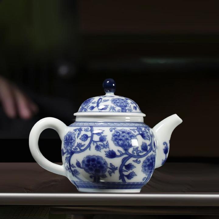 德艺L251冰种玉瓷釉下彩手绘青花牡丹泡茶壶青花瓷茶具约360ml