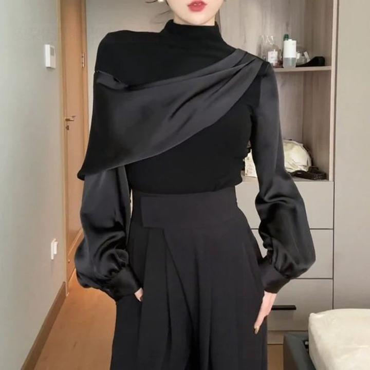 港风半高领不规则拼接长袖T恤女2024秋季新款气质显瘦百搭上衣潮