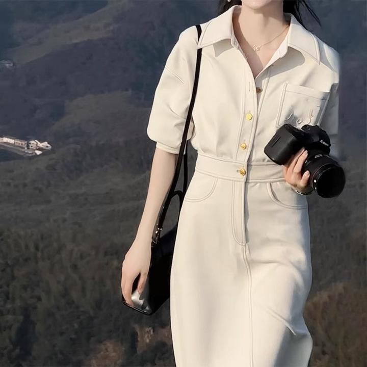 网红爆款麻豆小姐轻奢高端气质时尚收腰显瘦连衣裙女法式衬衫裙子
