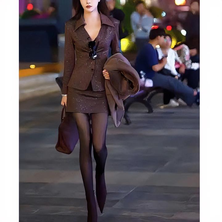 美两件今年衬衫气强大女装气质裙细漂亮色闪拉德场长袖咖套装流行