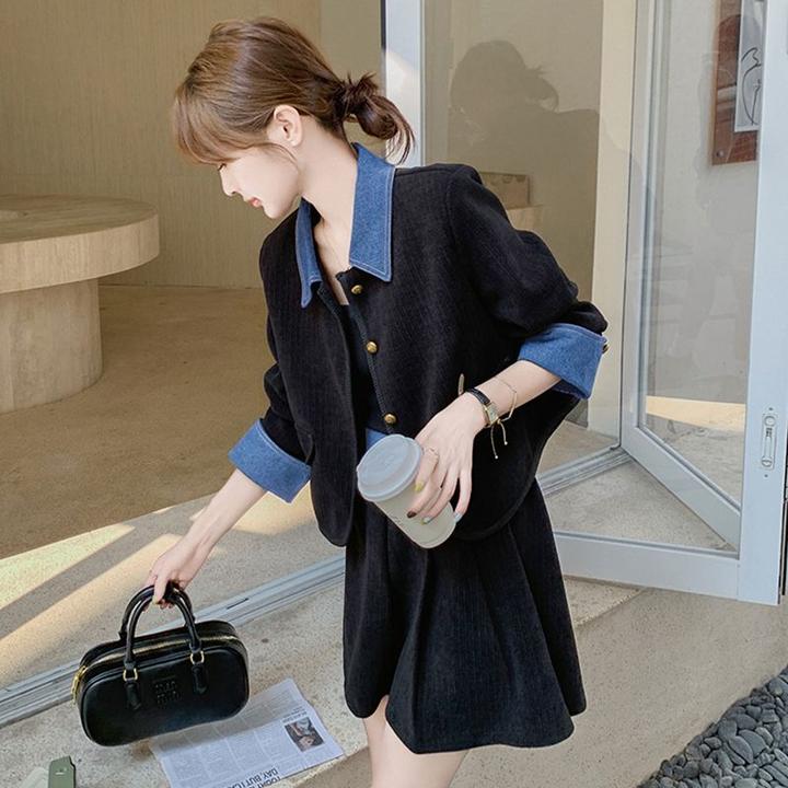 【两件套】法式小香风套装韩系穿搭假两件上衣半身裙时尚套装秋