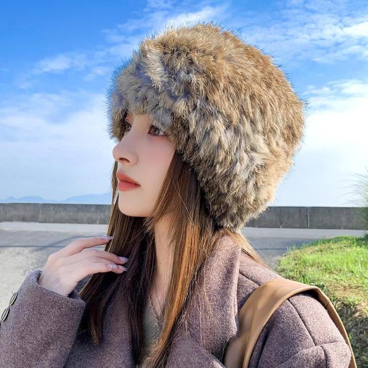 2025年新款加厚保暖毛绒皮草针织毛线帽子女冬季冬兔毛防寒冷帽女