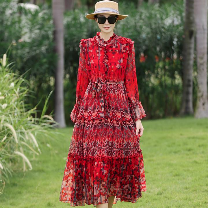 拜占庭的森林高档乔其真丝连衣裙女大码宽松海边度假飘逸印花长裙