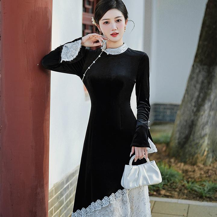 6984#实拍现货 新中式丝绒连衣裙秋冬蕾丝拼接假两件旗袍 上架+40