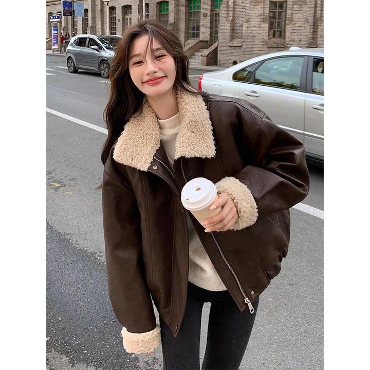 美式复古咖色机车皮衣外套女冬季加绒加厚新款拼接保暖宽松
