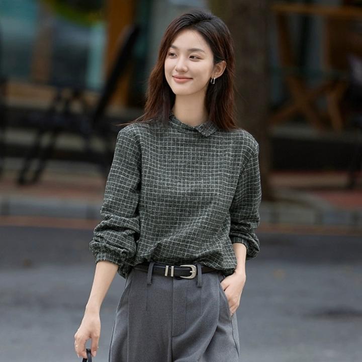 舒适简约风 不对称衣领格子衬衫女2024冬季新款宽松显瘦衬衣
