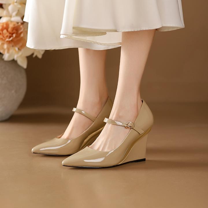 8.5cm气质尖头坡跟单鞋牛漆皮浅口时尚玛丽珍百搭通勤女士高跟鞋