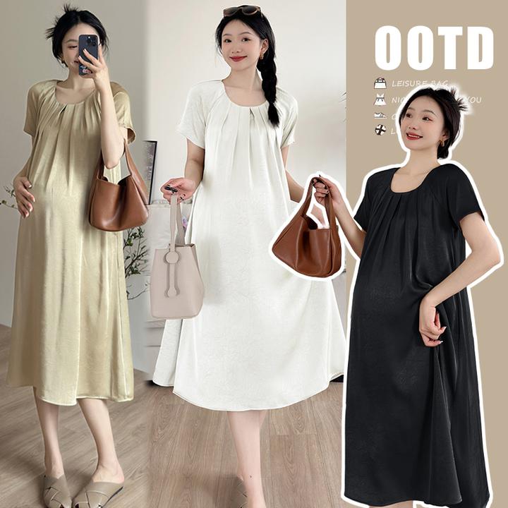 孕妇装夏季丝滑冰丝柔顺坠感时尚设计感气质孕妇中长款连衣裙夏装