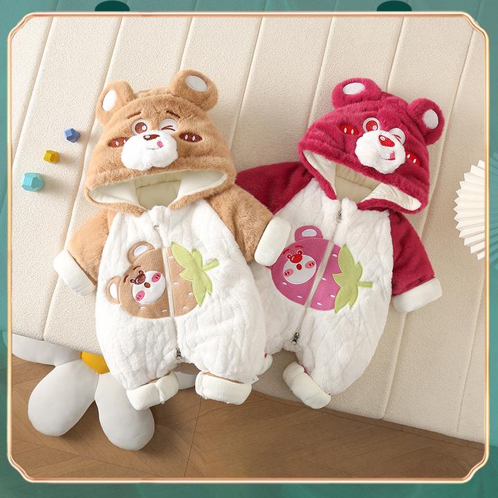 冬季宝宝加绒加厚带帽外出保暖爬服草莓熊兔毛棉加厚保暖时尚哈衣