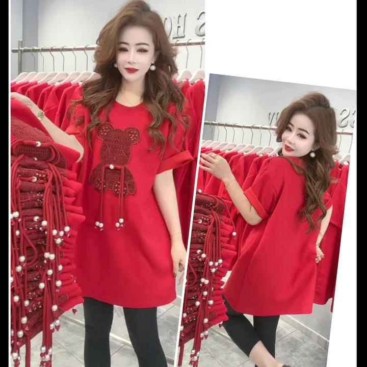 春节红色新年红本命年欧货重工小熊中长T恤爆款可爱遮肉上衣韩版