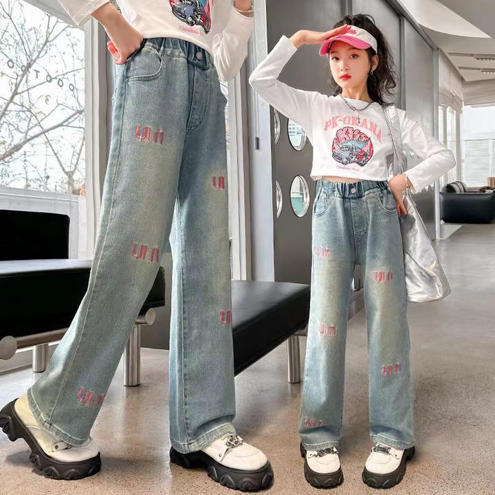 女童裤子春秋女孩直筒牛仔裤百搭儿童阔腿裤女中大童外穿洋气休闲