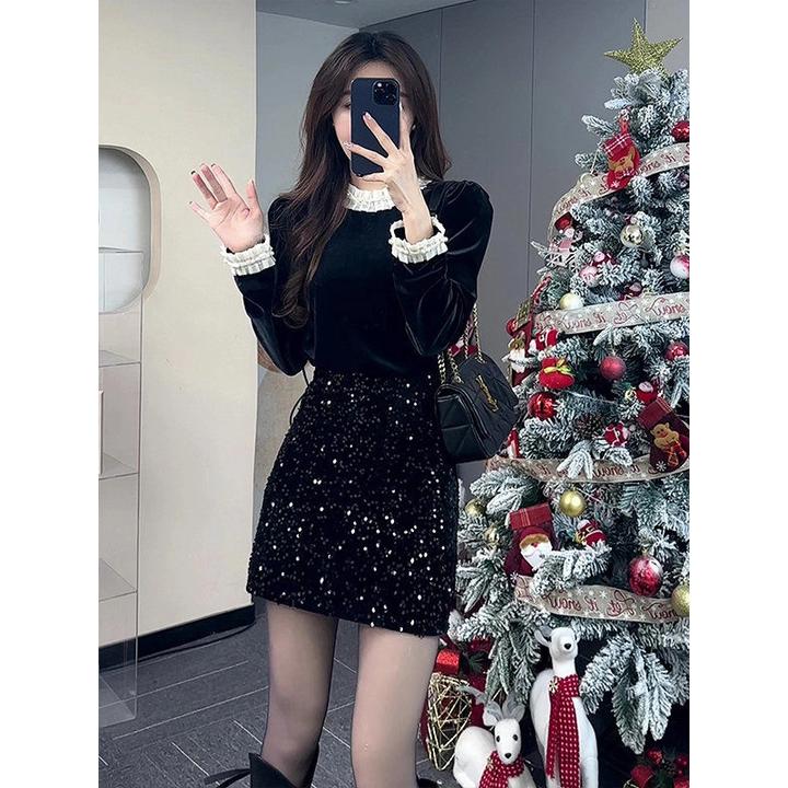 小香风短裙长袖修身显瘦女上衣套装2024新款黑裙两件套亮片半身裙