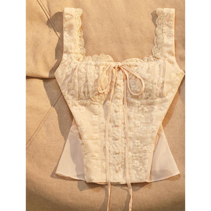 法式小众性感蕾丝花边绑带方领排扣背心甜美网红无袖显身材上衣潮