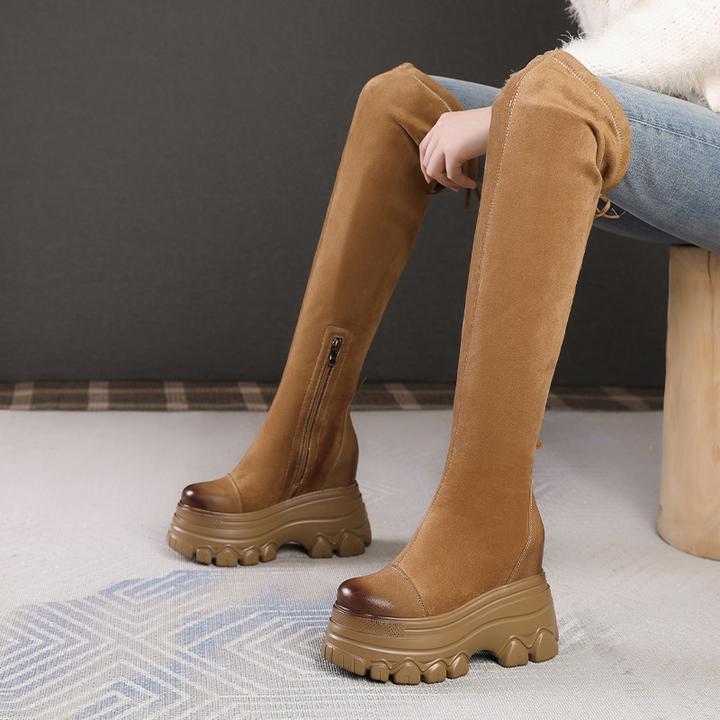 12cm增高真皮女长靴秋冬新款内增高弹力靴高端时尚厚底显瘦过膝靴