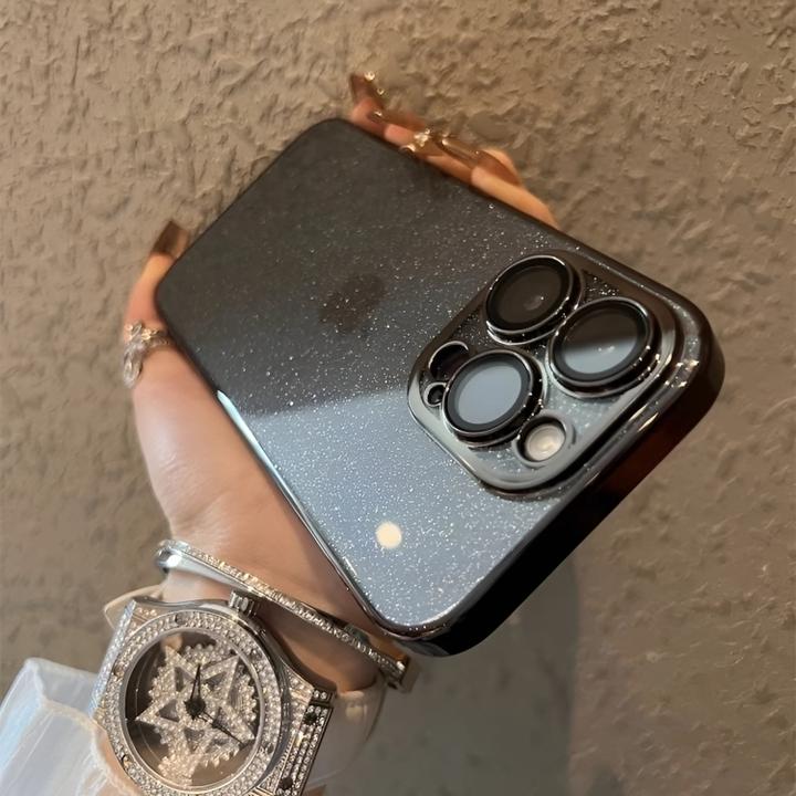 适用iPhone16手机壳电镀透明闪粉苹果15PROMAX硬壳防摔带镜头膜保