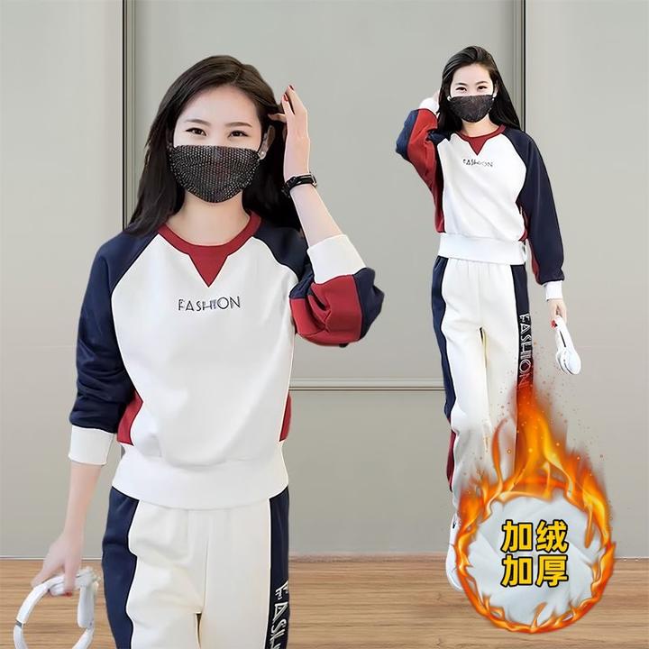 加绒加厚时尚运动套装女2025新款收腰减龄百搭圆领卫衣两件套潮