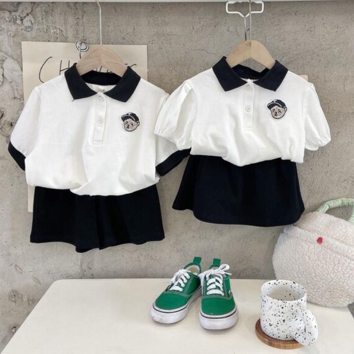 时髦夏装套装网红可爱韩版夏季男女童学院风两件套炸街姐弟兄妹装