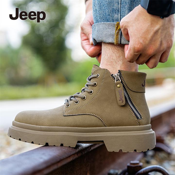 JEEP吉普工装靴男英伦风复古高级感户外机车拉链马丁靴短筒厚底靴