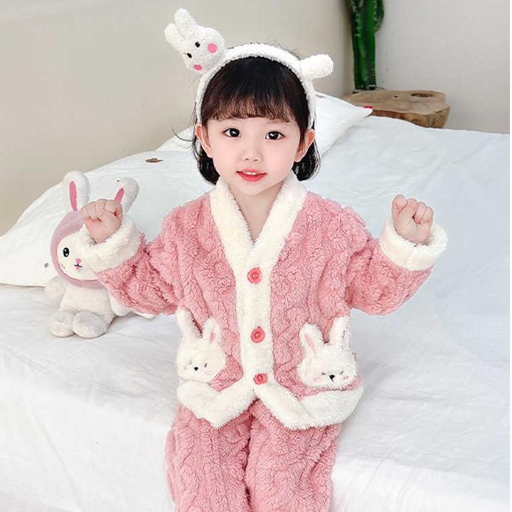女童加绒睡衣套装秋冬款保暖儿童女孩宝宝加厚珊瑚绒家居服两件套