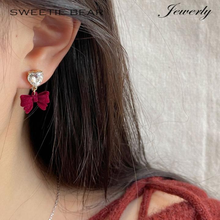 合金耳饰 TKXN•秋冬季山茶花耳钉女新娘轻奢植绒新年红色耳钉