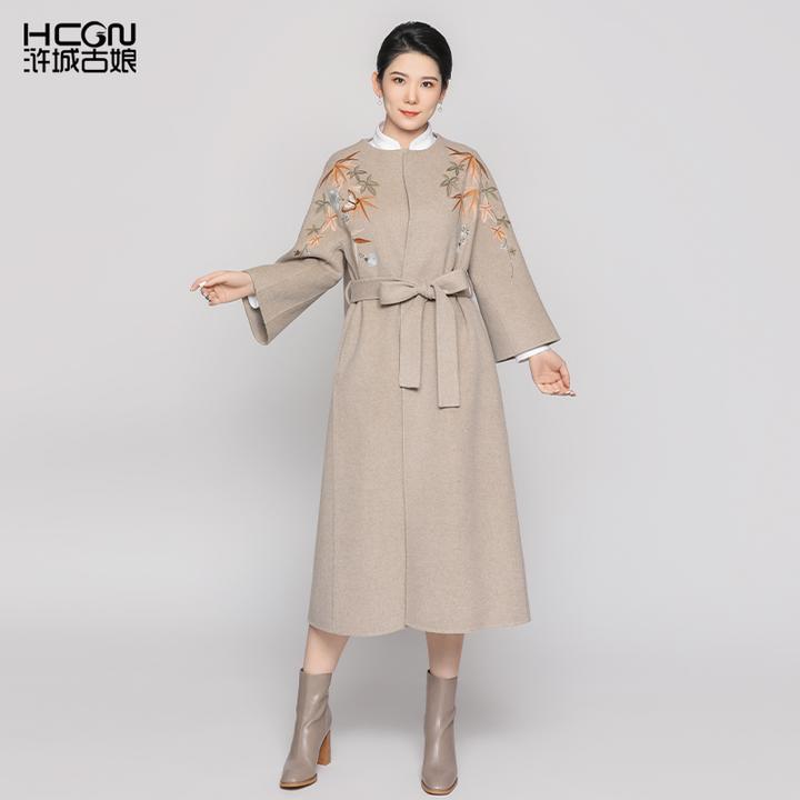 山羊绒绵羊毛气质国风重工刺绣中长款秋冬竹影双面呢大衣DMT11359