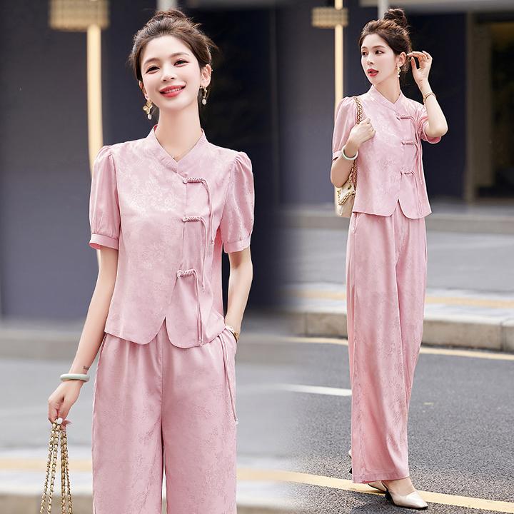 新中式国风提花套装女2024夏季新款复古盘扣贵夫人名媛气质两件套