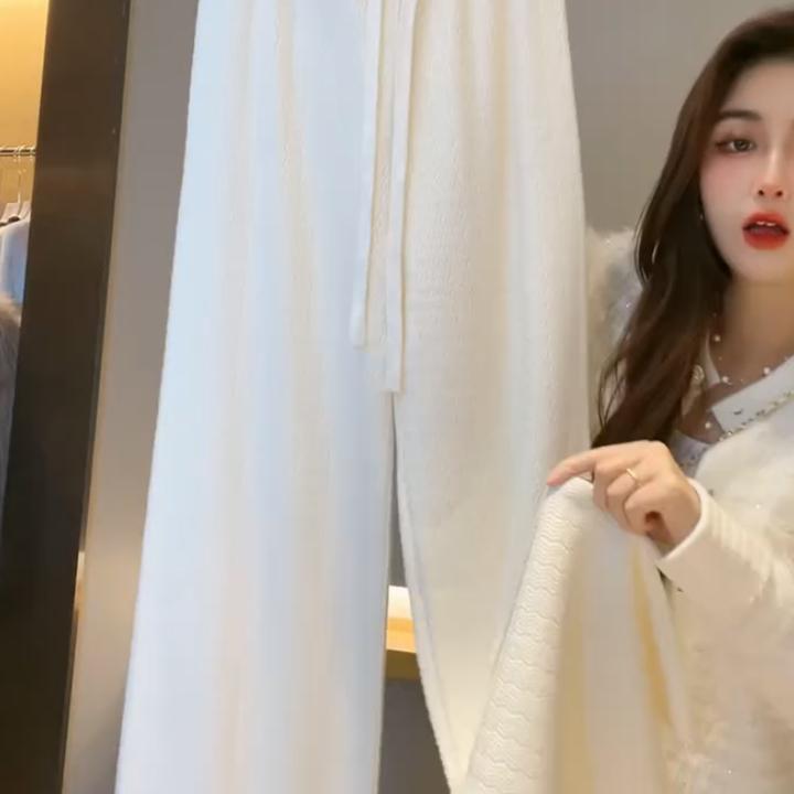 欧货2025秋冬新款时髦百搭显瘦松紧腰直筒阔腿休闲针织拖地长裤女