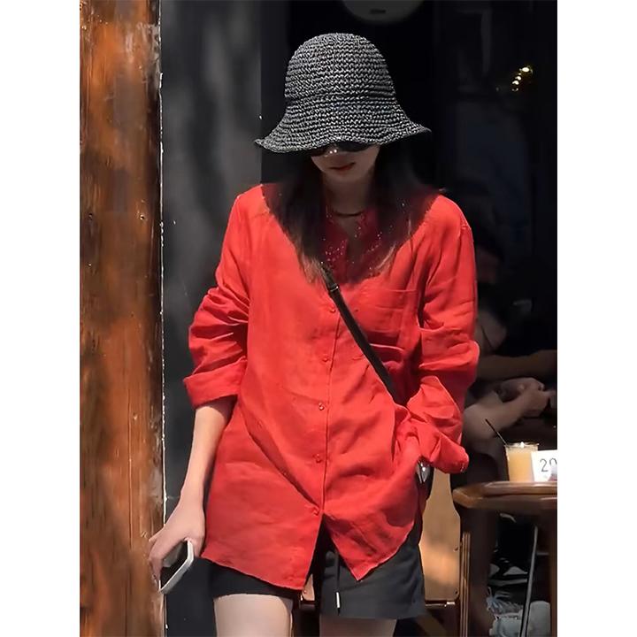 红色立领防晒衬衫2024新款女夏季薄款宽松显瘦休闲法式高级感上衣