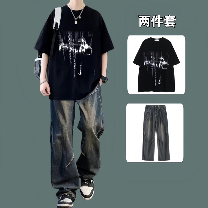 夏季痞帅T恤套装男士纯棉美式宽松休闲短袖t恤搭配高街褶皱牛仔裤