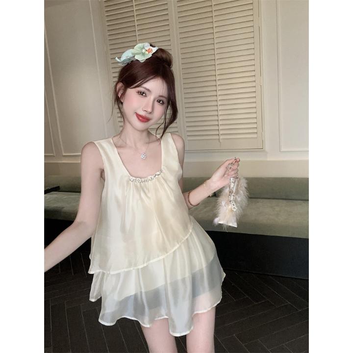 夏季甜美显瘦无袖荷叶边水钻宽松衬衫女方领网红薄款雪纺背心上衣