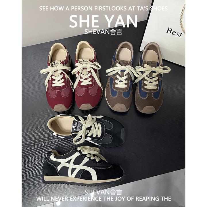 羊皮版~厚底复古圆头德训鞋女2025年秋季新款系带拼色休闲阿甘鞋