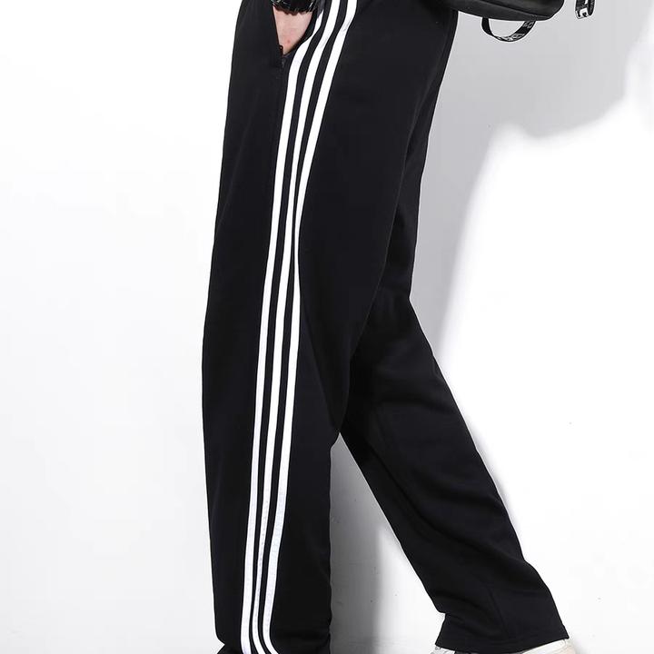 韩版宽松直筒裤潮男士秋季三条杠条纹卫裤休闲裤长裤阔腿黑色裤子