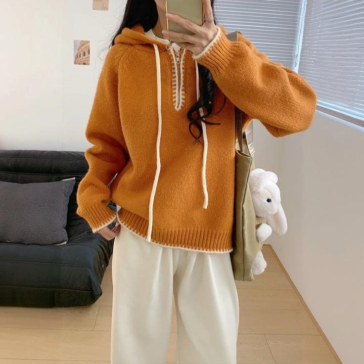 2025秋冬新款韩版宽松撞色半开帽子衫连帽针织衫厚冬季毛衣外套女