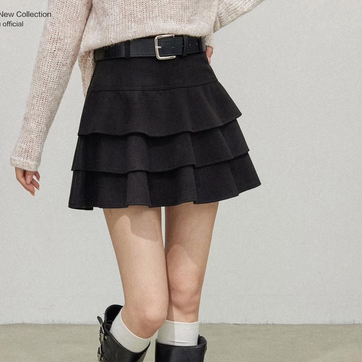黑色毛呢半身裙女2025春秋新款高腰显瘦a字短裙荷叶边蓬蓬蛋糕裙