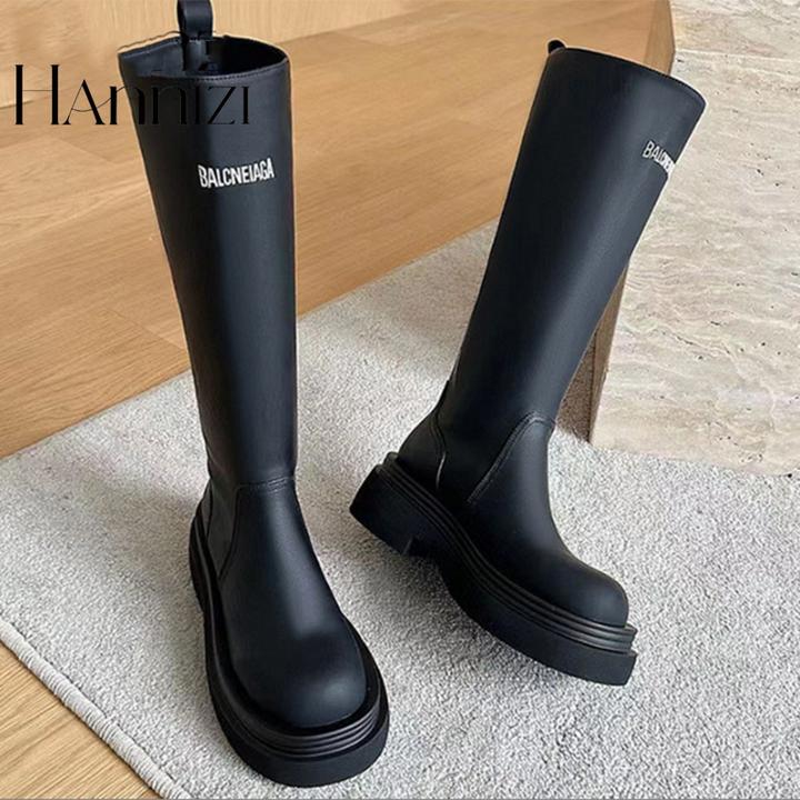 hannizi厚底骑士长靴女2024秋冬新款时尚复古厚底长筒黑色骑士靴
