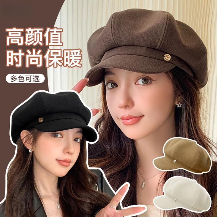 贝雷帽子女秋冬季气质百搭大头围八角帽毛呢显脸小保暖画家报童帽