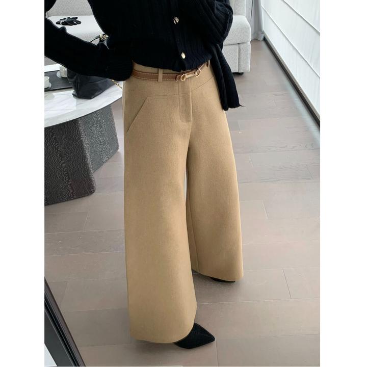 秋冬极简老钱风高腰显瘦毛呢直筒休闲裤设计感一字袋阔腿裤 X1948