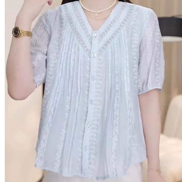 蓝色V领减龄薄款衬衫女短袖2025夏季新款洋气宽松显瘦设计感上衣